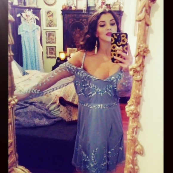 💙 Maya Deluxe Blue Embellished Off-Shoulder Party Dress (L) - Picture 3 of 12